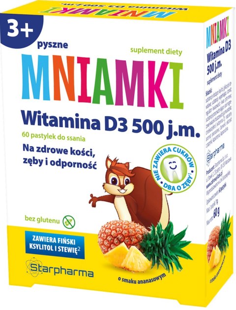 Mniamki Witamina D3 500 j.m., 60 pastylek do ssania o smaku ananasowym STARPHARMA Mniamki Witamina D3 500 j.m., 60 pastylek do ssania o smaku ananasowym STARPHARMA