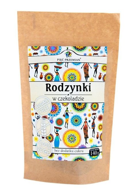 PIĘĆ PRZEMIAN Rodzynki w czekoladzie bez cukru bezglutenowe 140g PIĘĆ PRZEMIAN Rodzynki w czekoladzie bez cukru bezglutenowe 140g