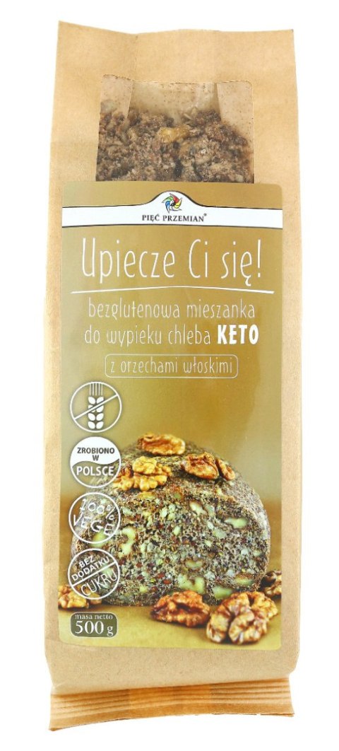 PIĘĆ PRZEMIAN Mieszanka do wypieku chleba KETO z orzechami włoskimi bezglutenowa 500g PIĘĆ PRZEMIAN Mieszanka do wypieku chleba KETO z orzechami włoskimi bezglutenowa 500g