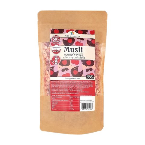 PIĘĆ PRZEMIAN Musli owsiane z wiśnią i mleczną czekoladą bezglutenowe 500g PIĘĆ PRZEMIAN Musli owsiane z wiśnią i mleczną czekoladą bezglutenowe 500g
