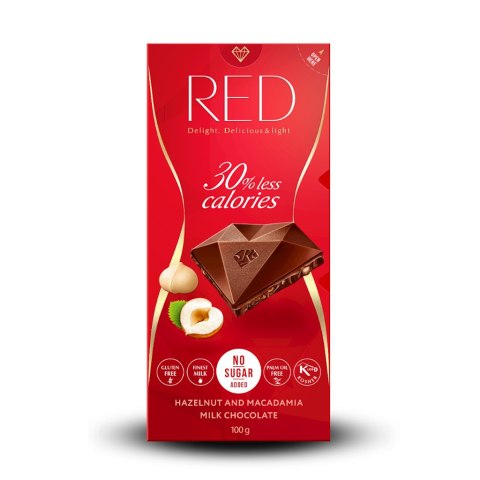RED DELIGHT Czekolada mleczna z orzechami laskowymi i makadamia 100g bez dodatku cukru, 30% mniej kalorii RED DELIGHT Czekolada mleczna z orzechami laskowymi i makadamia 100g bez dodatku cukru, 30% mniej kalorii