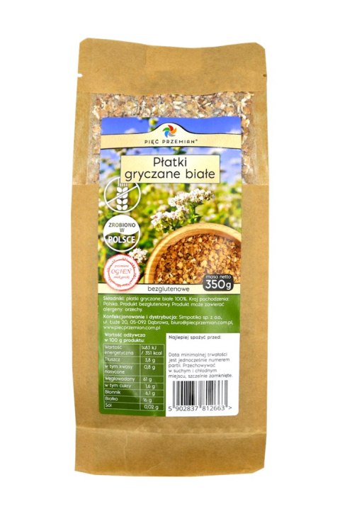 PIĘĆ PRZEMIAN Płatki gryczane białe bezglutenowe 350g PIĘĆ PRZEMIAN Płatki gryczane białe bezglutenowe 350g